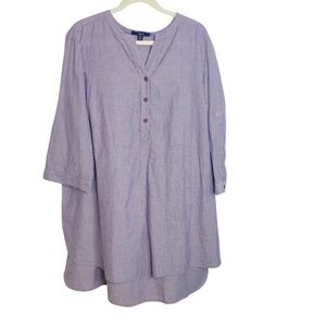 Ellos purple stripped women plus size 1XL half button 3/4 roll sleeve blouse.